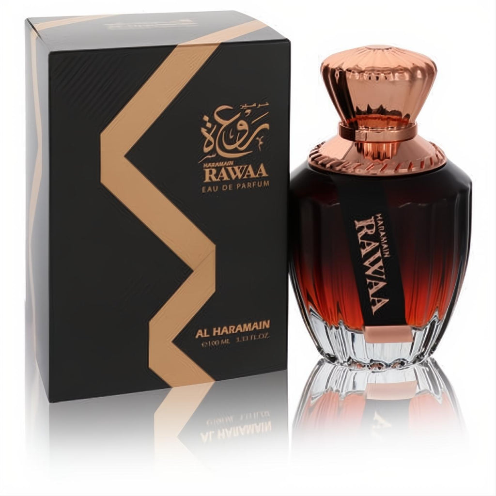Al Haramain Rawaa 3.3 oz unisex EDP. Luxurious dark red gradient bottle with ornate rose gold cap and elegant black/gold box.