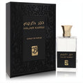 Al Qasr Hajar Karim 3.4 oz unisex Eau De Parfum. Clear bottle, gold cap, and luxurious black embossed box.