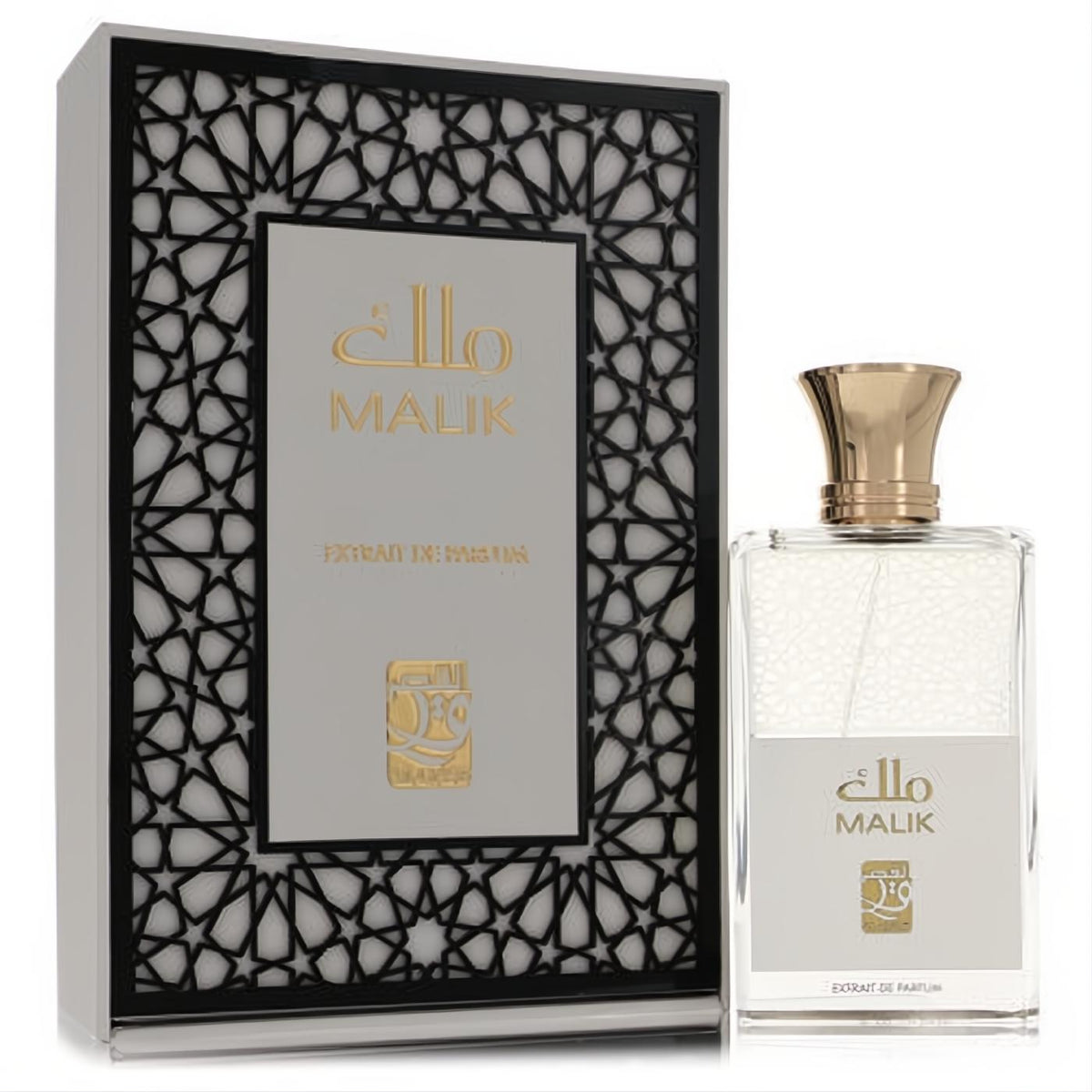 Al Qasr Malik 3.4 oz unisex perfume. Elegant clear bottle with gold cap, white label, and matching white box with intricate black geometric design. Discover your captivating scent.