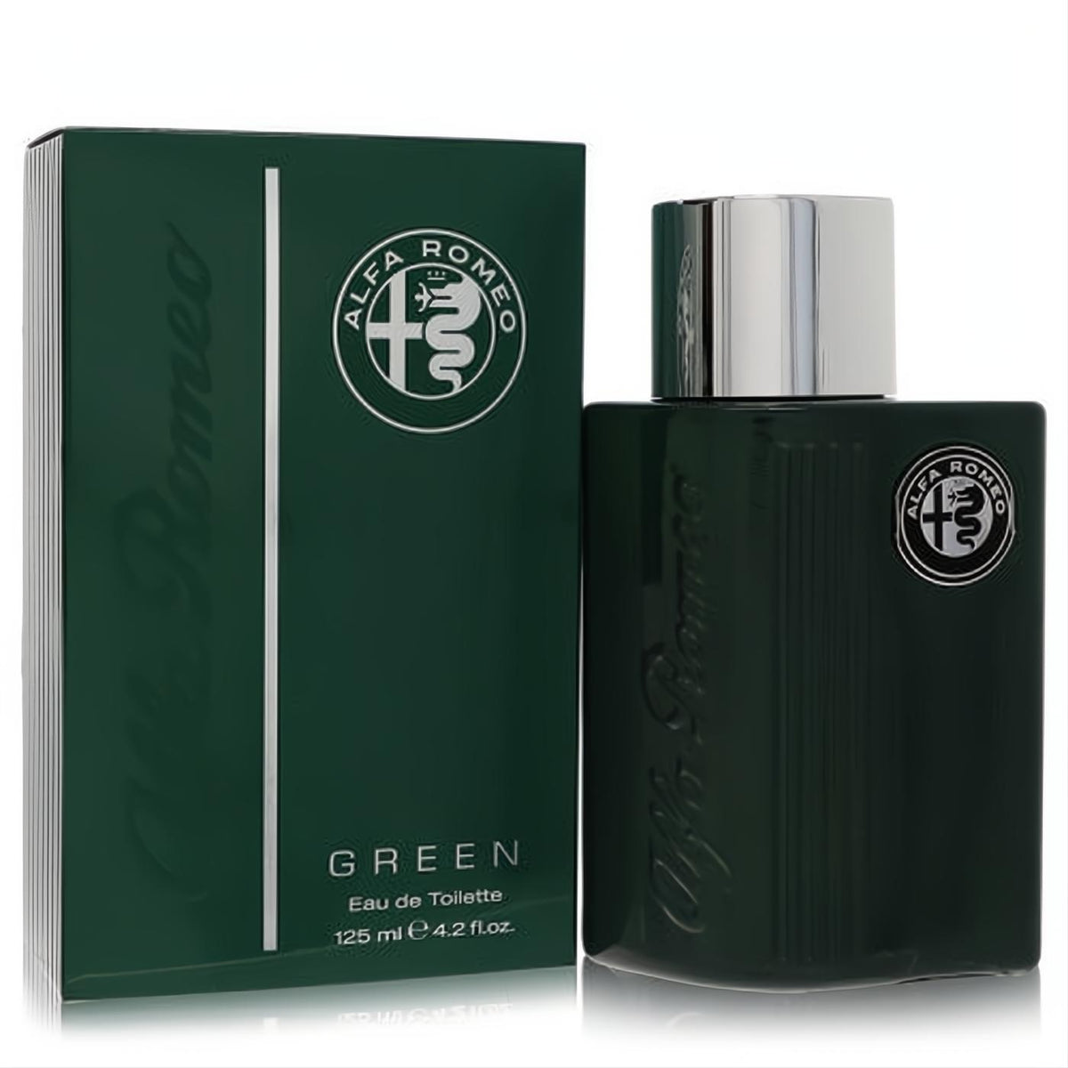 Discover Alfa Romeo Green EDT 4.2 oz men's cologne. Sleek dark green bottle with silver cap, iconic logo, and matching box.