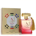 Alwaan by Nusuk 3.4 oz unisex EDP. Vibrant ombré red bottle, gold cap with tassel & jewels, beside a matching ornate gold box.