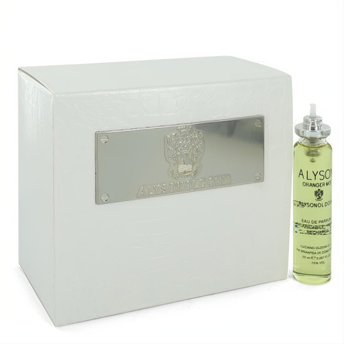 Elegant white Alyson Oldoini Oranger Moi perfume box with silver plaque and glowing 1.4 oz refill spray.