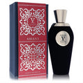 Amans V Canto 3.38 oz Extrait De Parfum: elegant black velvet-finish bottle with gold cap, beside its ornate red and navy box.