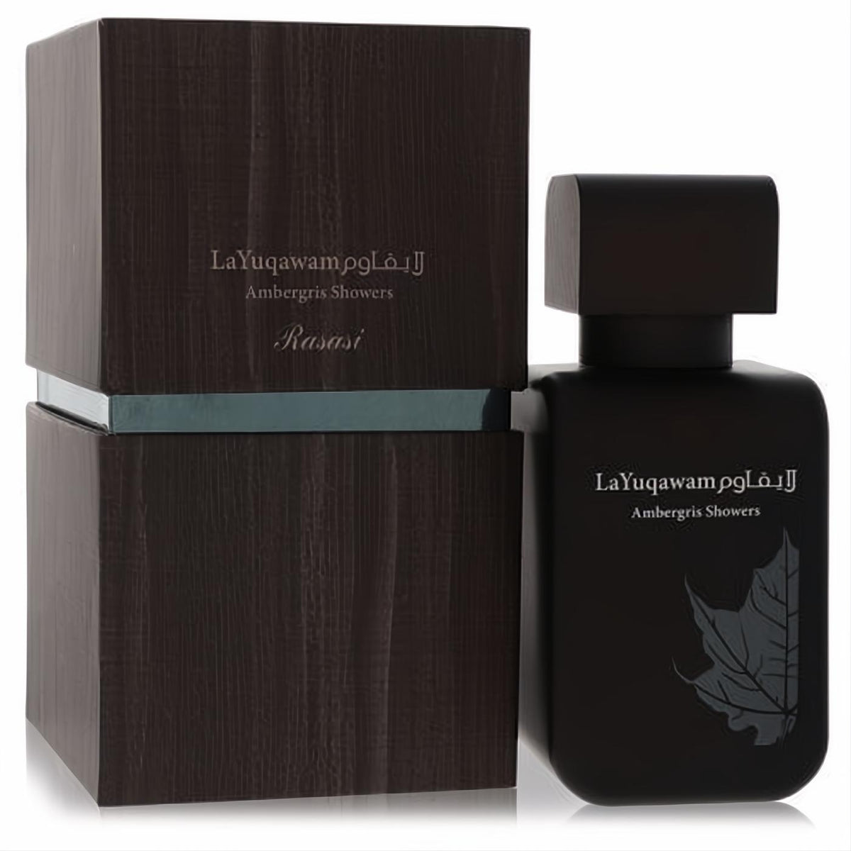 Sophisticated Rasasi Ambergris Showers EDP in a matte black bottle with a subtle leaf design and matching textured dark wood box.