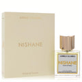 Nishane Ambra Calabria Extrait de Parfum. Sophisticated 1.7 oz clear glass bottle with distinctive gold cap and elegant cream box.