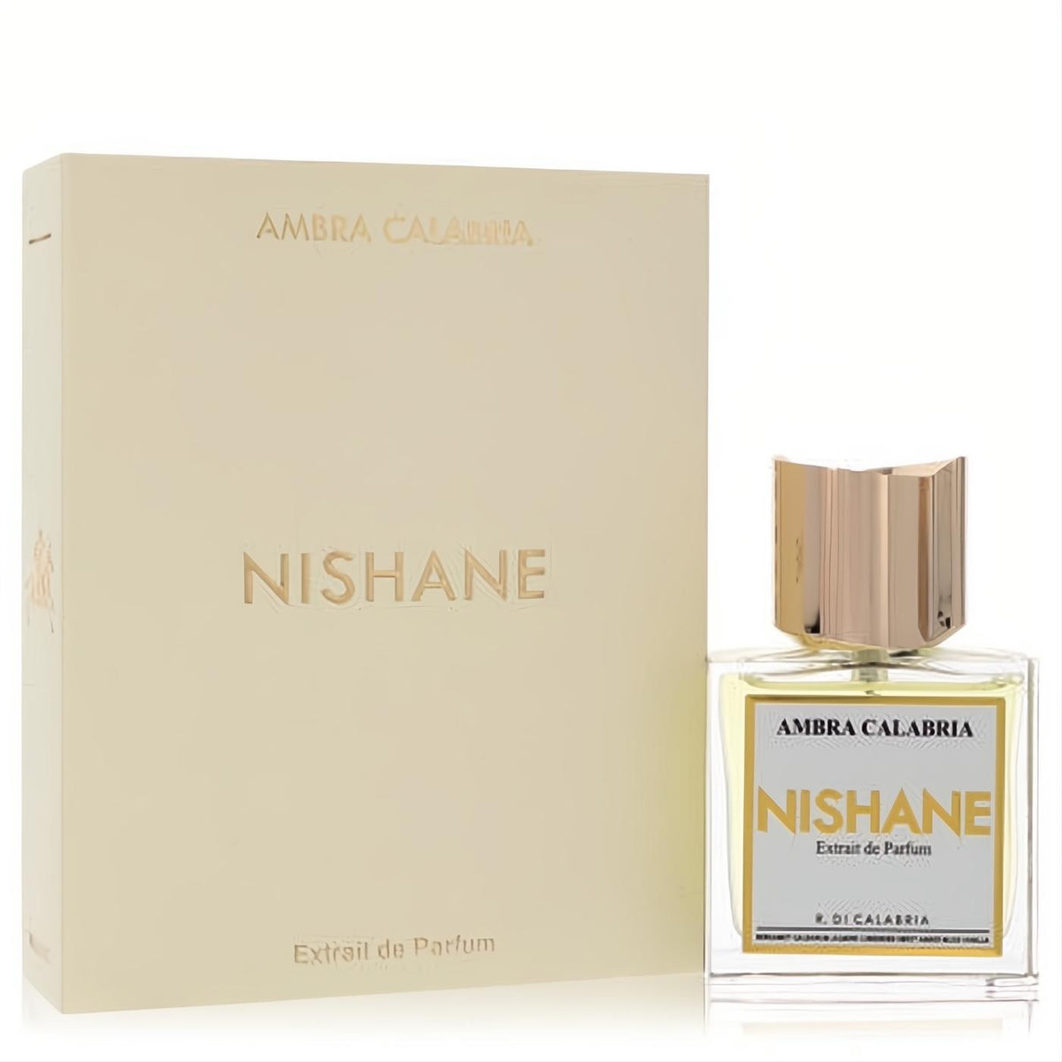 Nishane Ambra Calabria Extrait de Parfum. Sophisticated 1.7 oz clear glass bottle with distinctive gold cap and elegant cream box.