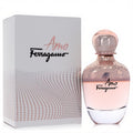 Experience Amo Ferragamo 3.4 oz EDP. Elegant light pink perfume bottle with rose gold cap and matching white box.