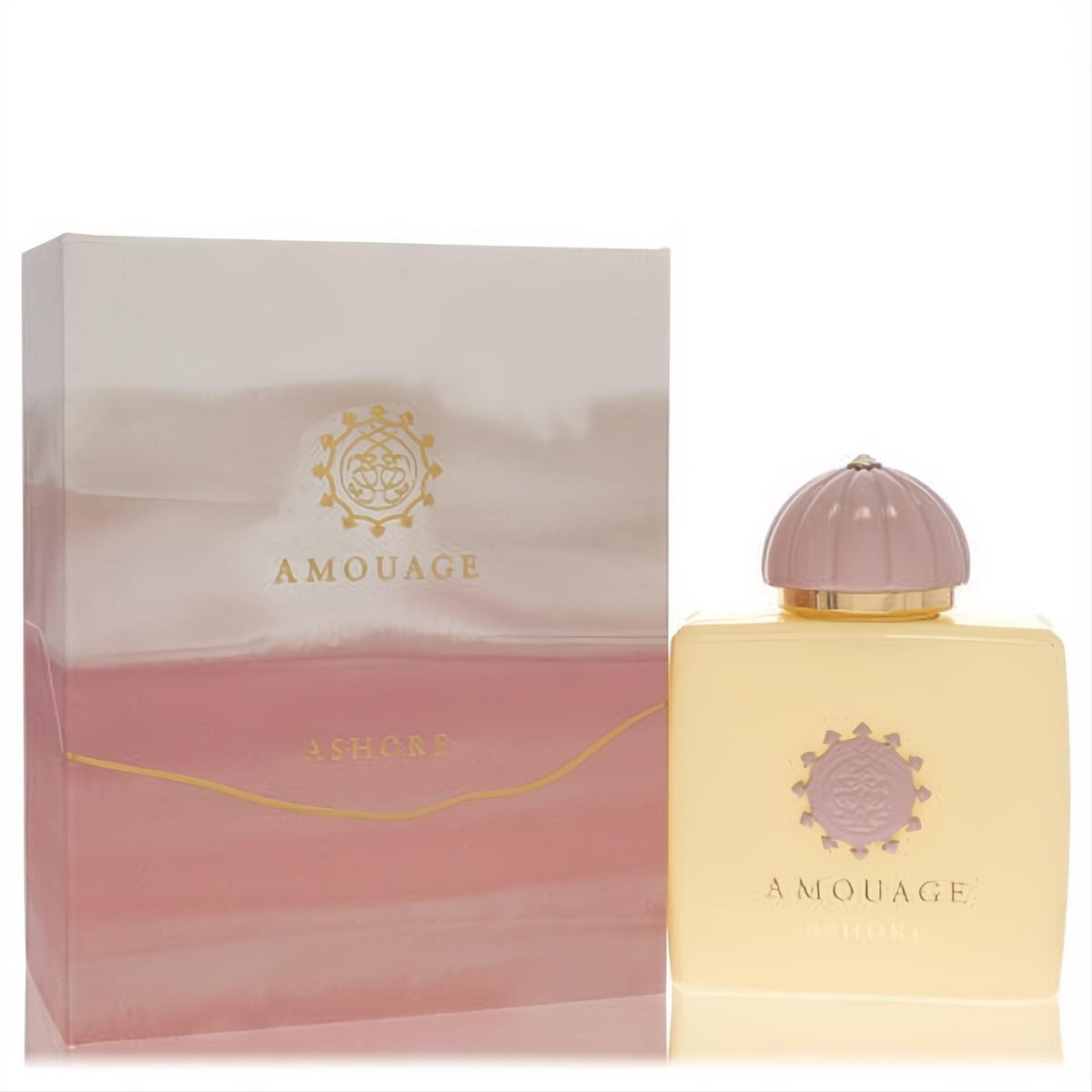 Luxurious Amouage Ashore Eau De Parfum. Pale yellow bottle, ribbed purple cap, and elegant pink gradient box.