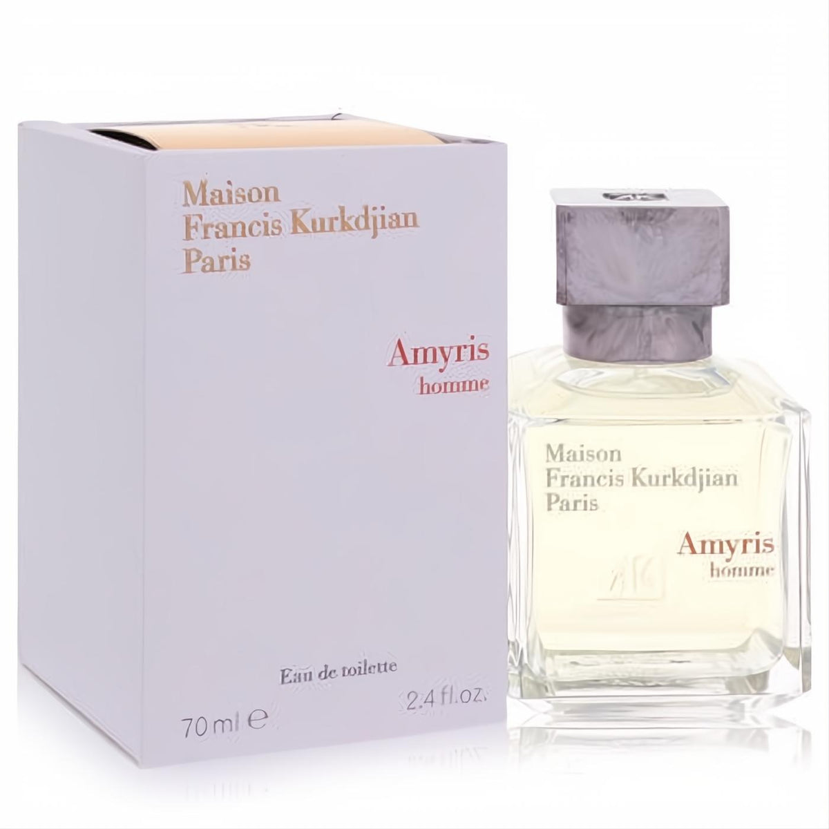 Amyris Homme 2.4 oz EDT. Refined clear glass bottle with sleek silver cap, beside its elegant white and gold box.