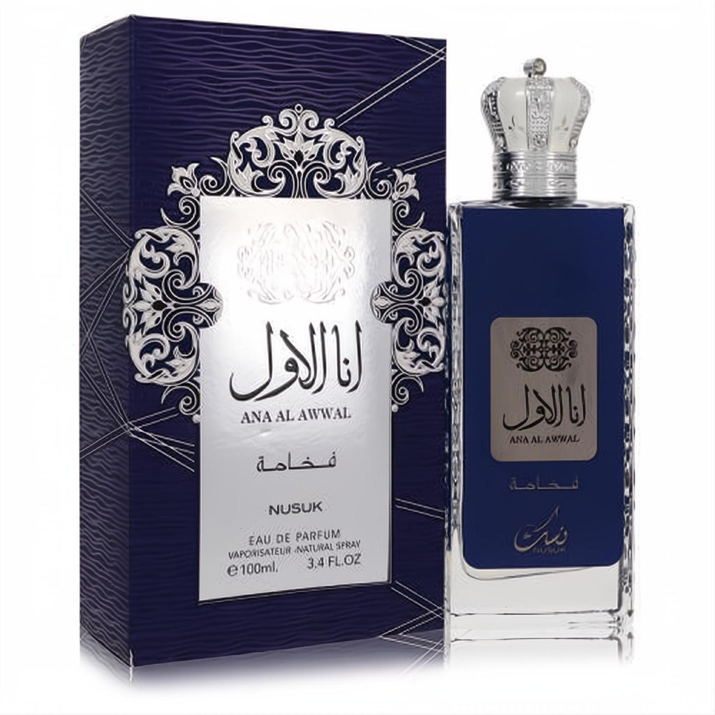 Luxurious Ana Al Awwal Blue Nusuk 3.4 oz men's EDP. Deep blue bottle, silver crown cap, and ornate matching box.