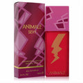 Animale Sexy women's Eau De Parfum, a striking red 3.4 oz bottle with a bold gold lightning bolt design and a chic pink geometric box.