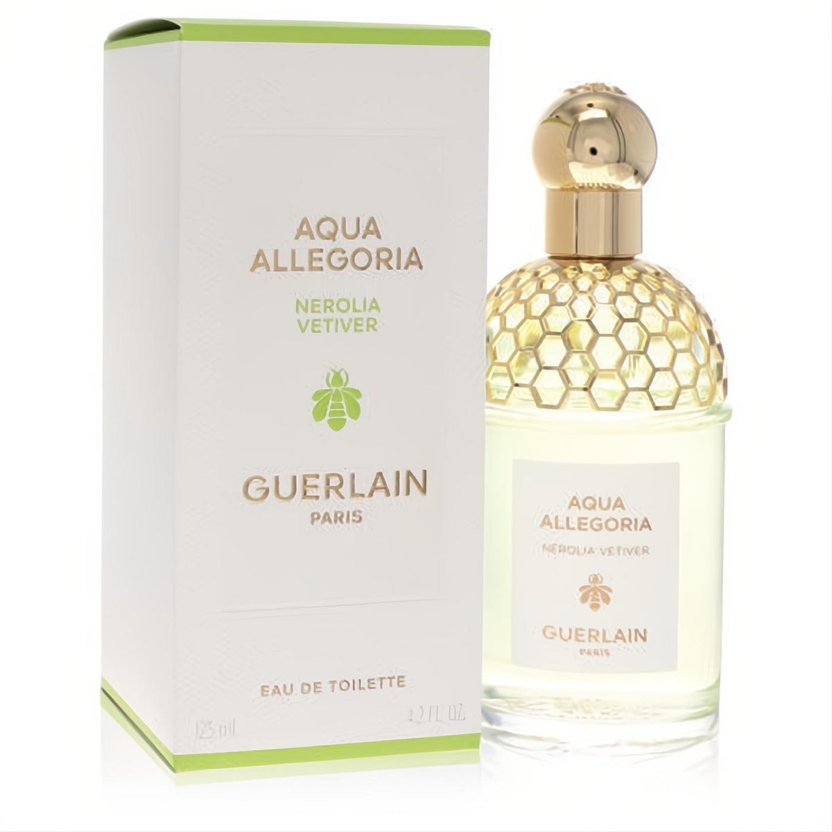 Guerlain Aqua Allegoria Nerolia Vetiver 4.2 oz EDT. Elegant clear glass bottle with iconic gold honeycomb design and white box.