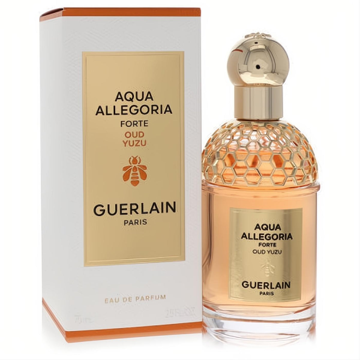 Elegant Guerlain Aqua Allegoria Oud Yuzu 2.5 oz EDP spray. Peach liquid, gold honeycomb cap, iconic bee logo on bottle and white box.