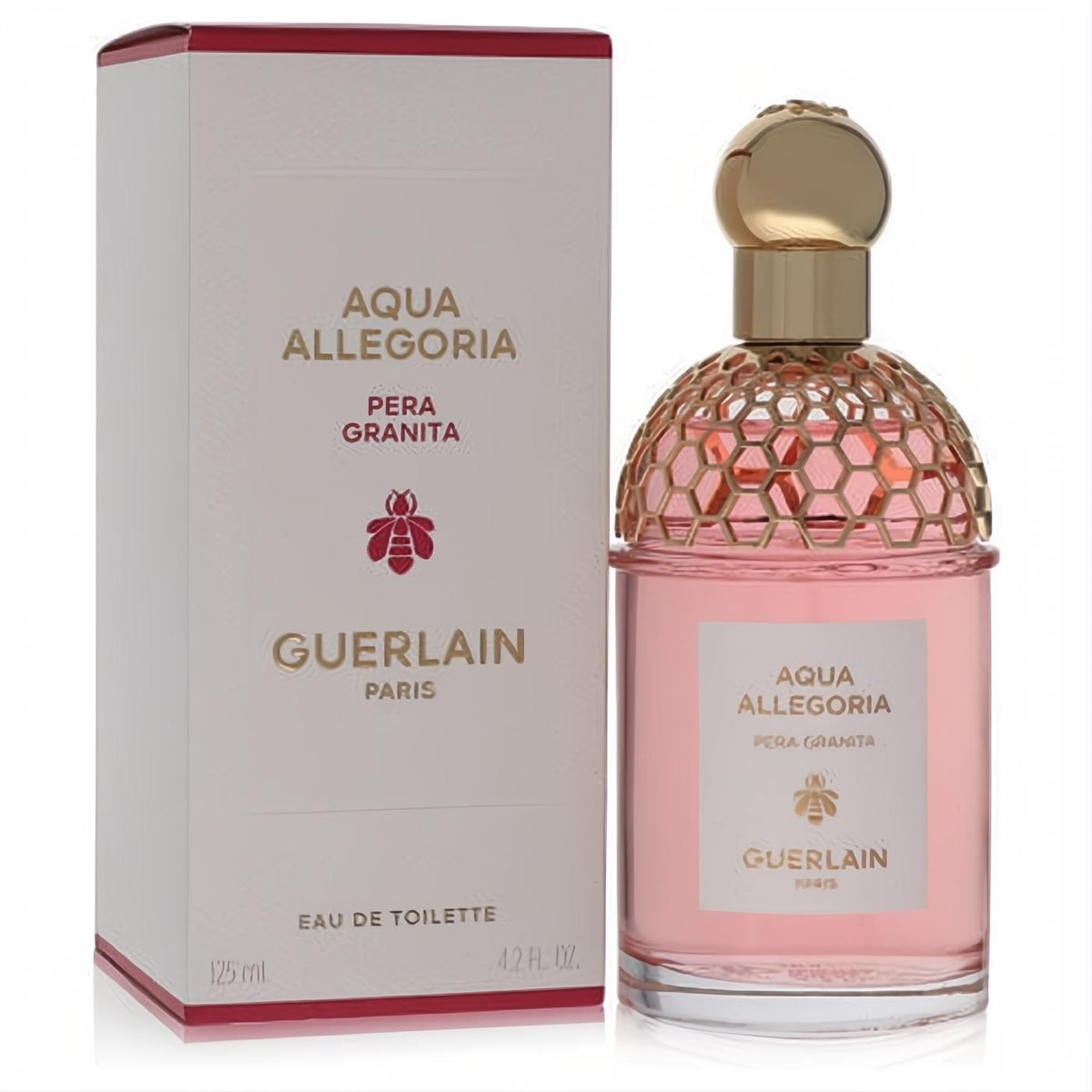 Guerlain Aqua Allegoria Pera Granita 4.2 oz EDT. Pink perfume in an elegant bottle with gold honeycomb cap.