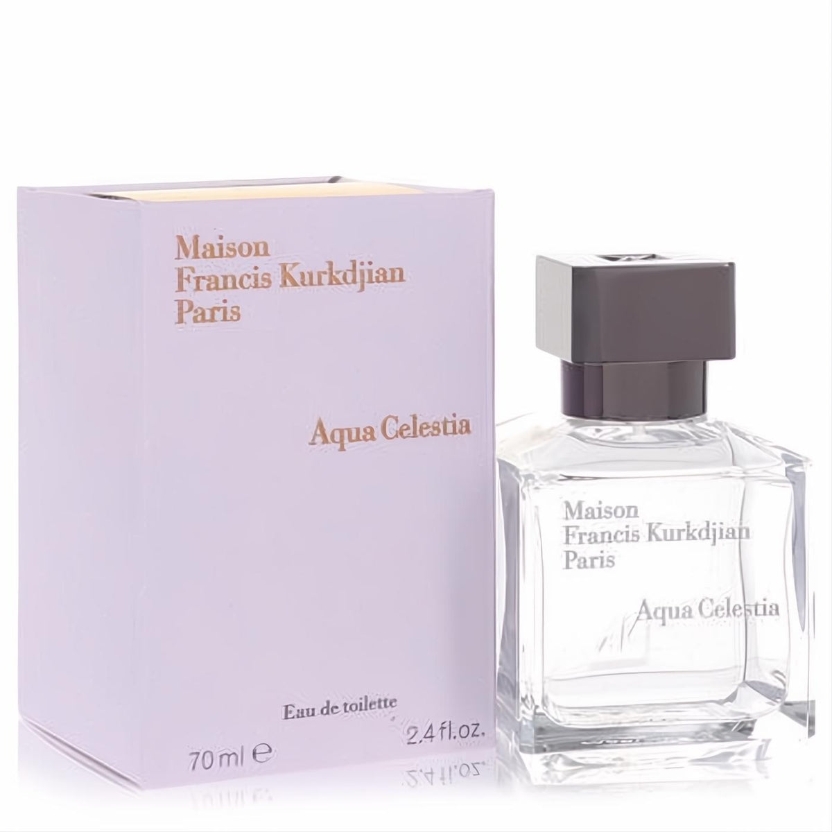 Maison Francis Kurkdjian Aqua Celestia 2.4 oz EDT in a sleek clear glass bottle with silver cap and elegant pale lavender box.