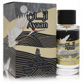 Luxurious Arabiyat Ayaan 3.4 oz unisex Eau De Parfum. Sleek glass bottle and elegant black & gold box with a striking white crane design.