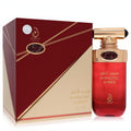 Elegant Arabiyat Hypnotic Amber 3.4 oz men's EDP. Deep red bottle, intricate gold cap, and luxurious red-gold box.