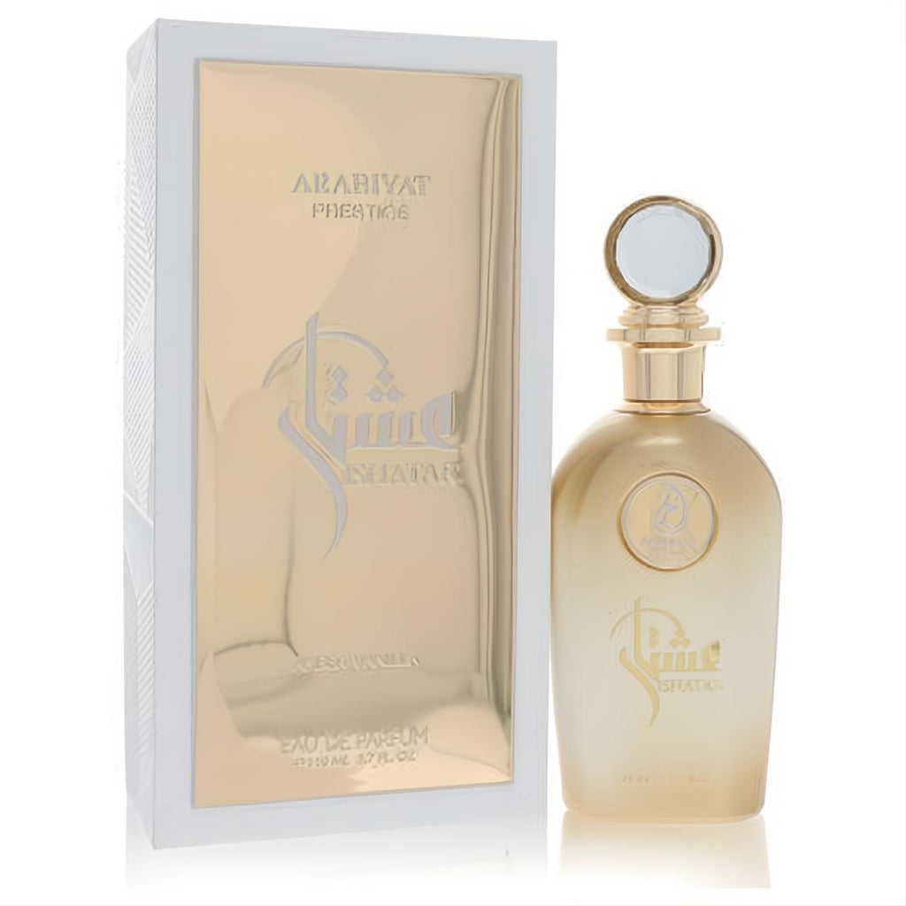 Discover Arabiyat Prestige Amber Vanilla 3.7 oz unisex EDP. Elegant gold bottle with crystal cap and luxurious white/gold box.