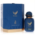 Arabiyat Prestige Bedour 3.4 oz unisex Eau De Parfum. Luxurious dark blue bottle with gold details and elegant hexagonal packaging.