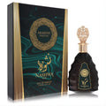 Arabiyat Prestige Nashwa Noir 3.4 oz unisex EDP in a unique dark bottle with an ornate gold cap, beside its striking teal and gold box.