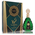 Experience Nashwa Oud 3.4 oz unisex EDP. Dark green bottle with an ornate gold cap, showcased with its luxurious green and gold box.
