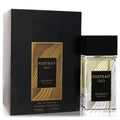 Elegant Arabiyat Prestige Portrait Oud unisex Eau De Parfum, 2.7 oz. Clear glass bottle and sophisticated black, gold-patterned box.