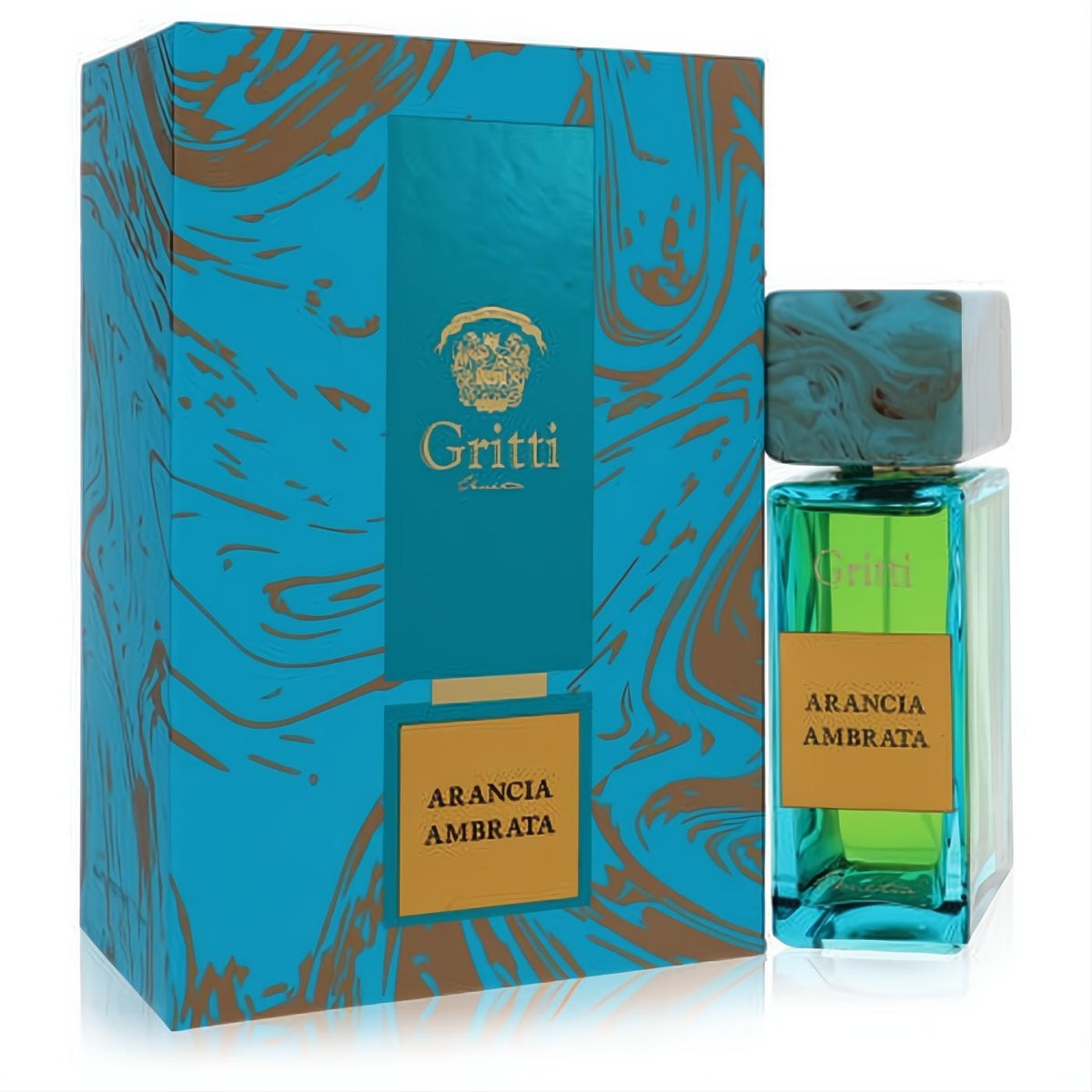 Luxurious Gritti Arancia Ambrata 3.4 oz unisex EDP. Vibrant teal-green bottle with marbled cap, next to an elegant matching gold-swirl box.