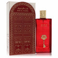 Exquisite red Bab Al Hamra 3.4 oz unisex EDP, featuring a striking gold key emblem and textured cap, with its elegant matching box.