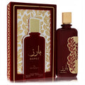Stunning Ard Al Zaafaran Barez unisex EDP, 3.4 oz. Luxurious deep red bottle with elegant gold leaf design and matching velvet-finish box.