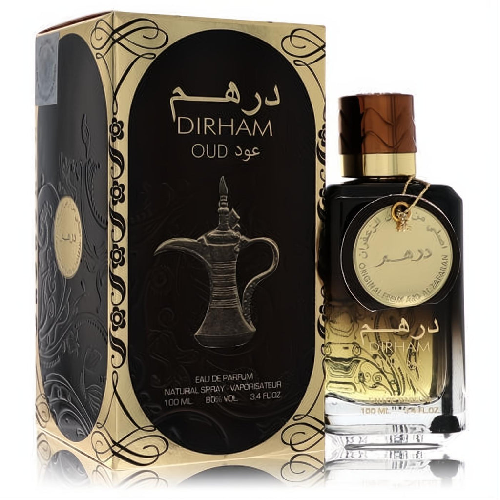 Ard Al Zaafaran Dirham Oud 3.4 oz unisex EDP. Luxurious black & gold box with dallah design, clear bottle, wood-grain cap.