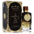 Ard Al Zaafaran Dirham Oud 3.4 oz unisex EDP. Luxurious black & gold box with dallah design, clear bottle, wood-grain cap.