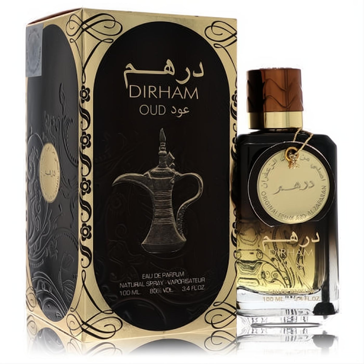 Ard Al Zaafaran Dirham Oud 3.4 oz unisex EDP. Luxurious black & gold box with dallah design, clear bottle, wood-grain cap.
