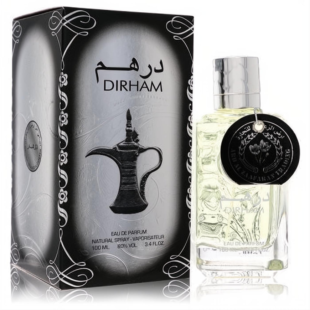 Ard Al Zaafaran Dirham unisex 3.4 oz Eau De Parfum. Clear glass bottle, elegant black and silver box with ornate dallah design.