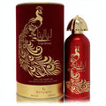 Exquisite Ard Al Zaafaran Layalina 3.4 oz unisex EDP. Rich red bottle, elegant gold peacock design, unique gold cap, and matching box.
