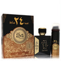 Luxurious Ard Al Zaafaran Oud 24 Hours unisex fragrance set: black & gold 3.4oz EDP, 1.7oz spray, and ornate box.