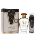 Exquisite Ard Al Zaafaran Turab Al Dhabah 3.4 oz EDP and 1.7 oz perfumed spray. Elegant gold, white, and brown Arabic-patterned set