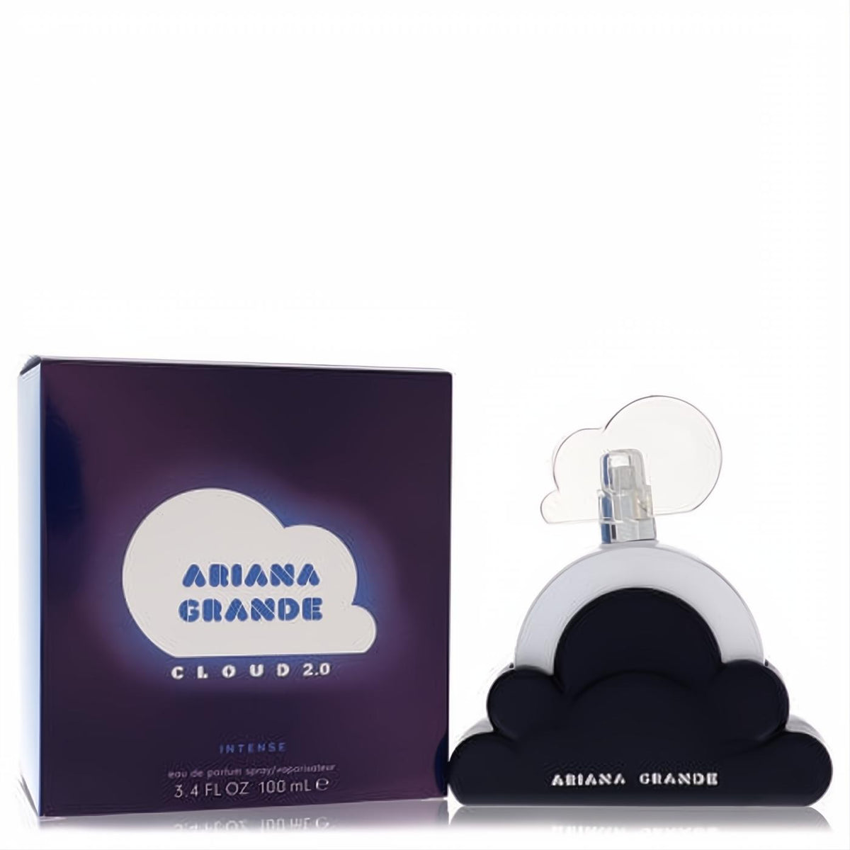 Ariana Grande Cloud Intense 3.4 oz EDP. Distinctive dark cloud bottle with white top, next to its vibrant purple box.