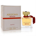Luxurious Arizona Rouge Riiffs 3.4oz EDP in a clear glass bottle with a golden cap, vibrant red tassel, and elegant white and gold box.