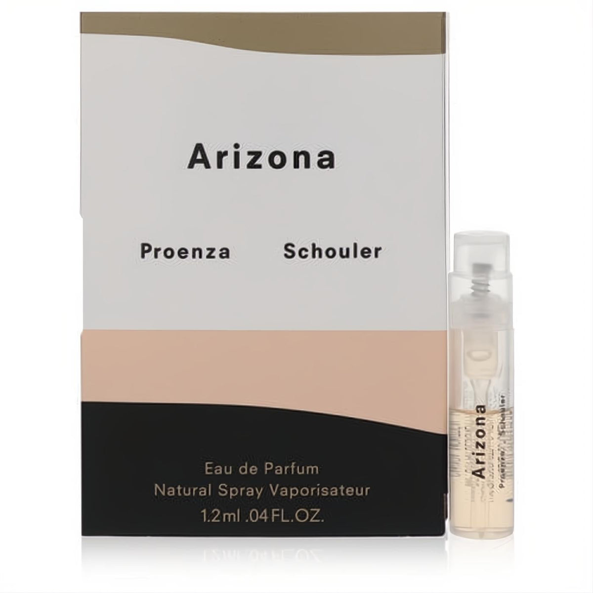 Discover Arizona by Proenza Schouler with this .04 oz Eau de Parfum sample vial and elegant two-tone beige and white box.