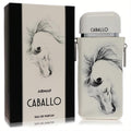 Armaf Caballo 3.4 oz EDP for men. Sophisticated beige bottle with a majestic white horse design, white cap, and matching box.