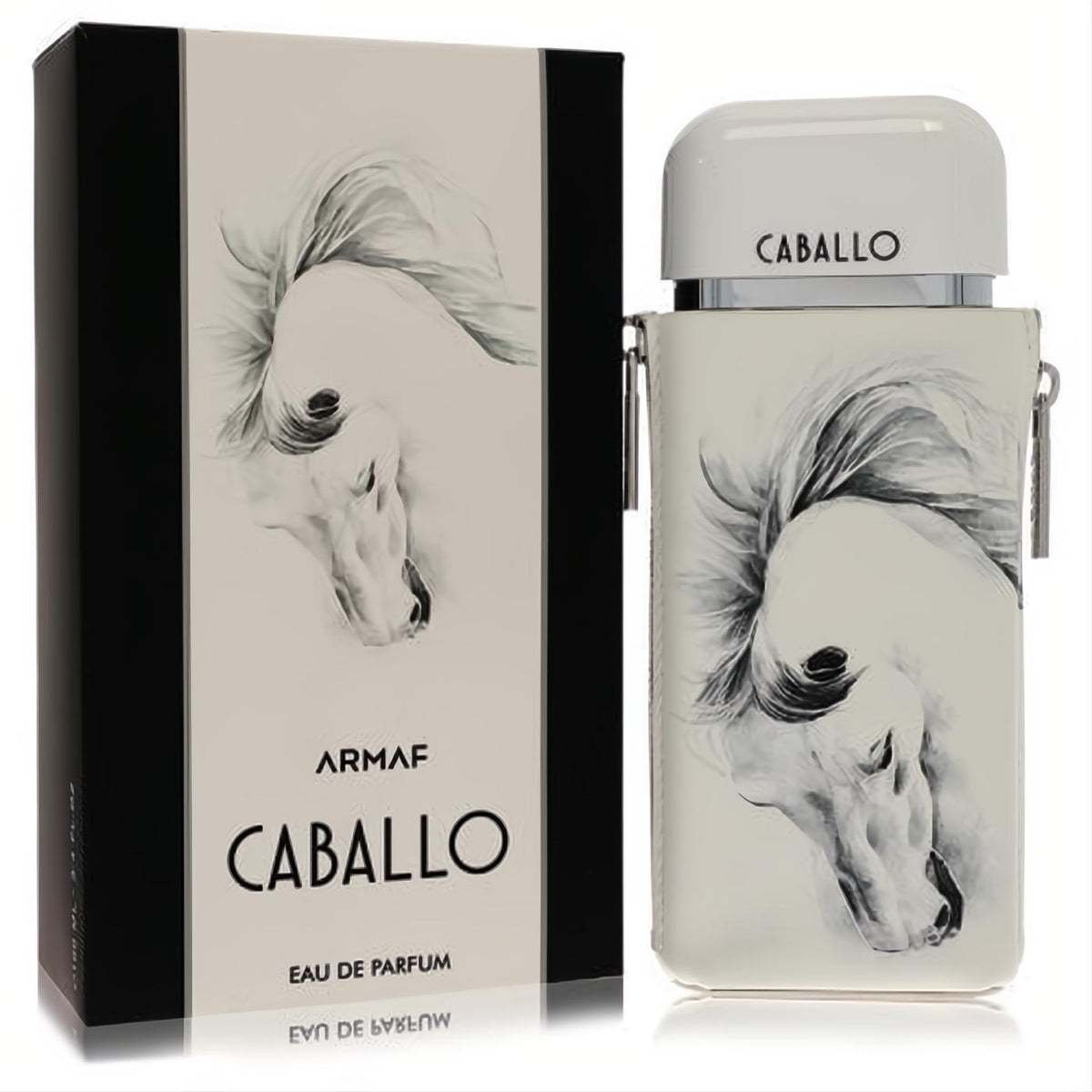Armaf Caballo 3.4 oz EDP for men. Sophisticated beige bottle with a majestic white horse design, white cap, and matching box.