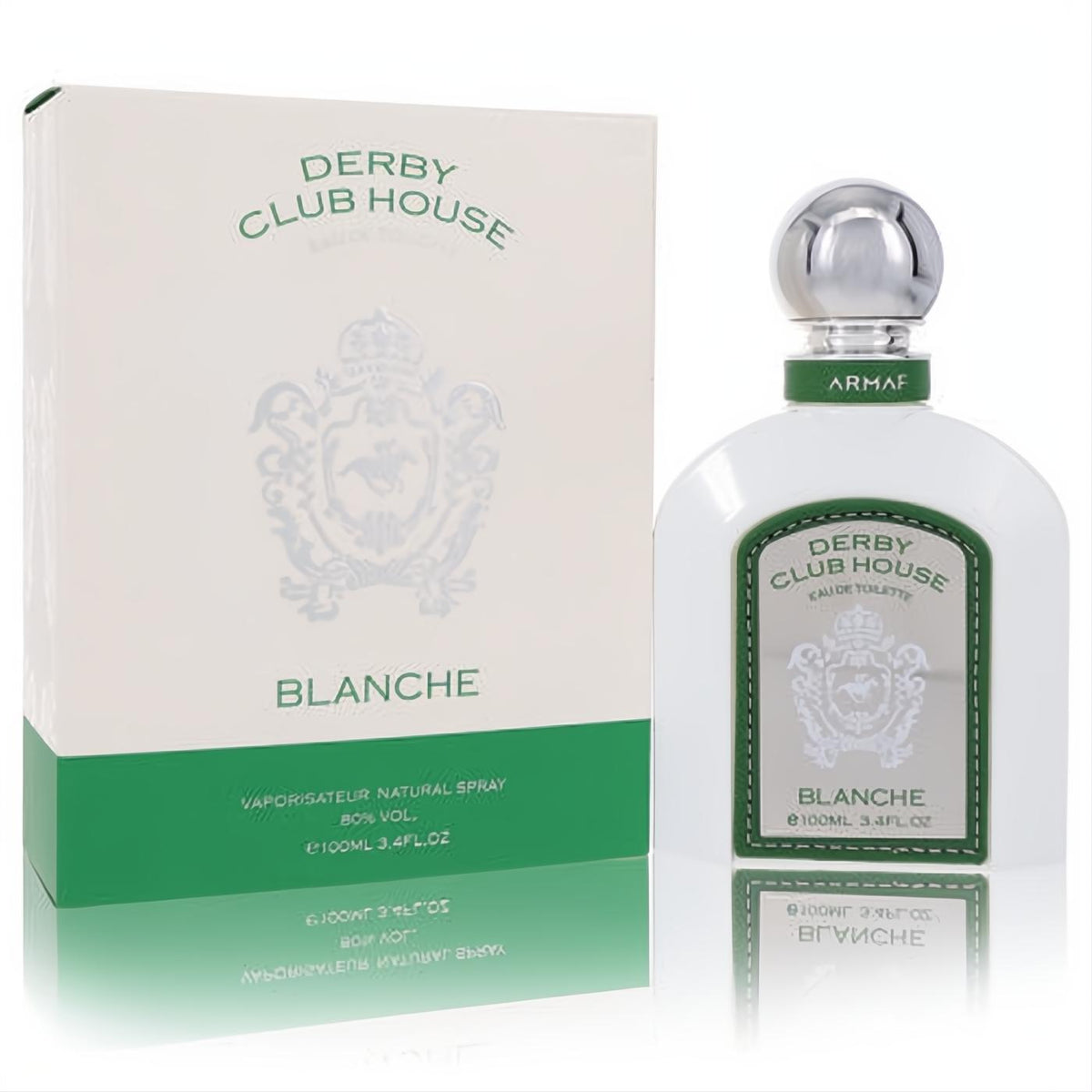 Elegant Armaf Derby Club House Blanche 3.4 oz EDT, a crisp white bottle with silver cap and green accents, next to its stylish box.