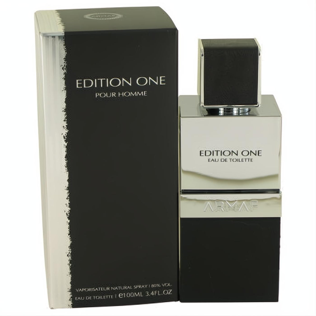 Armaf Edition One 3.4 oz men's EDT. Elegant black, white, and silver bottle with a textured cap and matching box.