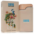 Armaf Ego Exotic 3.38 oz women's perfume. Chic beige textured bottle with gold cap, beside a box with a vibrant peacock and floral design.