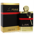 Luxurious Armaf Le Femme 3.4 oz EDP for women, featuring a sleek black and gold bottle with a stylish red band and matching box.