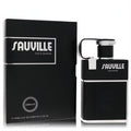 Armaf Sauville 3.4 oz men's EDP in a sleek black textured flask with silver cap and unique handle, beside its matching box.