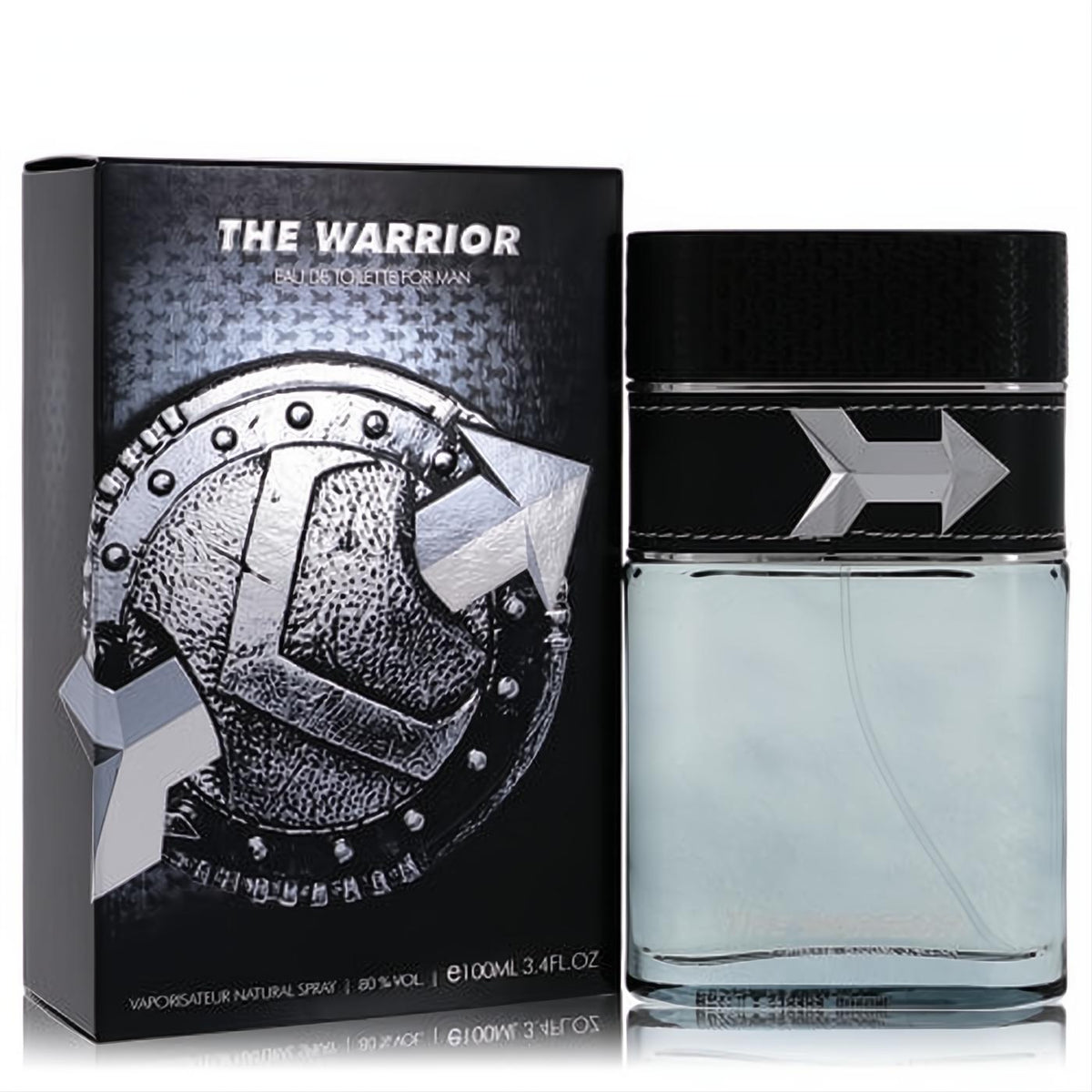 Armaf The Warrior 3.4 oz EDT for men. Sleek clear bottle with black textured cap & silver arrow, beside its bold black box.