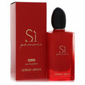Giorgio Armani Si Passione Intense 3.4 oz EDP. Elegant red rectangular bottle with black cap, gold lettering, and matching box.