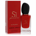Vibrant red Armani Si Passione 1 oz Eau De Parfum bottle with sleek black cap, displayed with its elegant matching box.