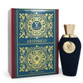 Captivating Arsenico V Canto unisex fragrance: dark blue velvet bottle with a gold cap, next to its ornate gold-filigree box.